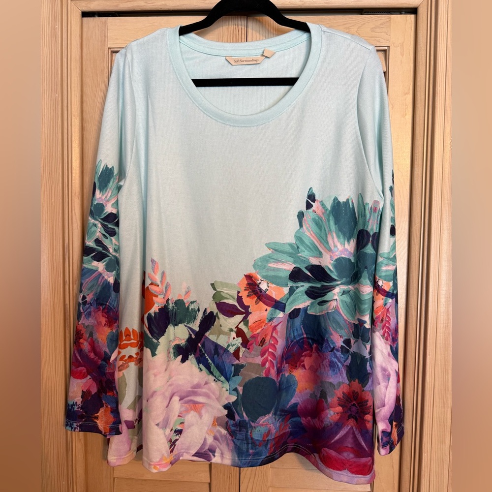 Soft Surroundings Pullover Pasaia Tunic in Aqua Floral Purple Blue, Sz L, NWOT